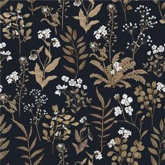 a black and gold floral wallpaper with small white flowers on the left hand side