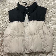 Never Worn In Perfect Condition. Trendy Beige Winter Vest, H&m Cream Spring Outerwear, H&m Cream Outerwear For Spring, Cream H&m Outerwear For Spring, Casual Cream Outerwear From H&m, Casual Cream Outerwear By H&m, Casual Cream Winter Vest, Mini Puffer Vest, Oversized Hooded Jacket