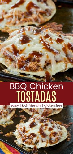 bbq chicken tostadas on a baking sheet with text overlay that reads, bbq chicken tostadas