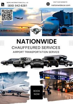 an advertisement for the national wide chauffeded services airport transportation service, with images of cars and planes