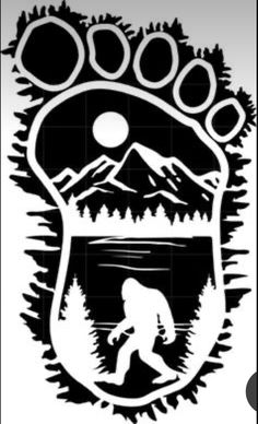 a black and white drawing of a bear paw with mountains in the background on a cell phone