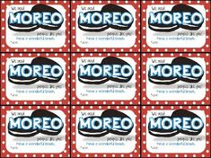 six red and white labels with the word moreo in blue letters on each one