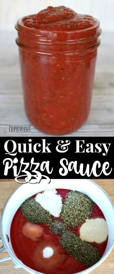 quick and easy pizza sauce in a jar with the title overlay that reads quick and easy pizza sauce