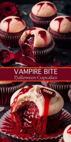 Halloween Vampire Bite Cupcakes with Creepy Red Centers Spooky Cupcakes Scary Halloween, Halloween Baking Recipes Easy, Vampire Themed Snacks, Halloween Red Velvet Cupcakes, Corpse Bride Food, Halloween Themed Baked Goods, Halloween Recipes Dessert Easy, Vampire Brownies, Spooky Baked Goods