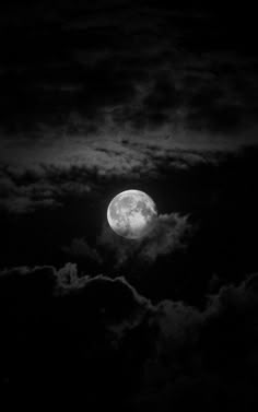 the full moon is seen through clouds in black and white