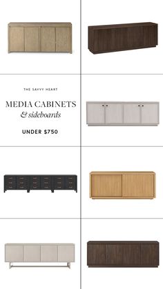 several different types of cabinets and drawers with the words media cabinets under $ 750 on them