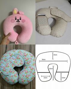 three different types of pillows with measurements and instructions to make them look like they are stuffed animals