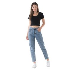 As picture - JJ5026 Casual Stretch Cropped Jeans With Tapered Leg, Mom Ripped Jeans, Plus Size Boyfriend Jeans, Kimono Style Dress, Jeans Female, New Pant, Boho Maxi, Waist Jeans, Boho Maxi Dress