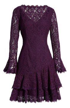 Details like bell cuffs and a tiered hem make this lace A-line dress feel fresh and fashion forward. Style Name:Shani Long Sleeve Tiered Lace Dress. Style Number: 6209443. Lace A Line Dress, Flounce Hem Dress, Purple Mini Dresses, Illusion Neckline, Lace Dress Black, Flounce Sleeve, Nordstrom Dresses, Purple Dress, Designer Outfits Woman