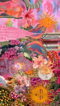 a collage of flowers, plants and other things in the sky with words written on them