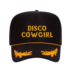 Custom embroidered Disco Cowgirl Trucker Hat Short Brim Streetwear Baseball Cap, Trendy Brimmed Hat With Embroidered Logo, Trendy Yellow Hat For Streetwear, Trendy Yellow Streetwear Hat, Yellow Snapback Hat With Embroidered Logo, Yellow Embroidered Snapback Hat, Trendy Yellow Snapback Hat, Spring Snapback Hat With Letter Print, Trendy Yellow Trucker Hat For Spring