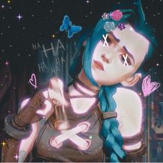 a woman with blue hair holding a glass in her hand and butterflies around her neck