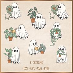 eight halloween ghost cliparts with plants and potted plants