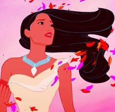 an animated image of a woman with long black hair blowing her hair in the wind