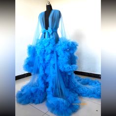 Blue Maternity Robe/Open Front Ruffle Tulle Dress Photo Shoot Dress/Short Train Maternity Dress, Birthday Or Glam Shoot. Fancy Robes, Maternity Picture Outfits, Ruffle Tulle Dress, Photo Shoot Dress, Luxury Robes, Bath Robes For Women, Dress Photo, Dress Birthday, Photoshoot Dress