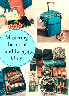 several pictures of luggage and shoes with the words mastering the art of hand luggage only