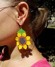 Sunflower earrings Summer flowers earrings Huichol Earrings | Etsy Summer Yellow Beaded Earrings With Ear Wire, Yellow Beaded Earrings With Ear Wire For Summer, Yellow Sunflower Dangle Earrings, Yellow Sunflower Design Dangle Earrings, Bohemian Yellow Sunflower Earrings, Beaded Flower Earrings For Summer, Yellow Dangle Flower Earrings With Colorful Beads, Yellow Flower Earrings With Colorful Beads For Gift, Yellow Flower-shaped Beaded Earrings