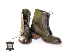 "These green handcrafted leather boots are everything you hope they will be. Quality craftsmanship & materials. A great combination of style and comfort that will add a nice touch to any outfit, that's really the beauty of a these pair of vintage-looking leather boots: they pair just as well with a t-shirt and jeans, as khakis and a leggings. Get a pair and they'll become one of the most versatile things in your closet. Usually it is incredibly hard to find women's handmade boots that fit well, Green Leather Shoes With Leather Sole For Fall, Green Leather Shoes For Fall, Green Leather Ankle Moto Boots, Green Leather Lace-up Boots With Round Toe, Green Leather Round Toe Lace-up Boots, Olive Leather Boots For Fall, Green Leather Boots For Fall, Handmade Leather Boots With Snip Toe, Fall Olive Leather Boots