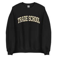 "A quintessential collegiate crewneck. An off-white arched typeface design with a vintage print effect. A warm and classic wardrobe staple. This item is MADE-TO-ORDER upon order placement. All sales final. Please see delivery estimates below. * 50% cotton, 50% polyester * Pre-shrunk * Classic fit * 1x1 athletic rib knit collar with spandex * Air-jet spun yarn with a soft feel and reduced pilling * Double-needle stitched collar, shoulders, armholes, cuffs, and hem * Gildan 18000 crewneck CARE: WA Hardware Fashion, Witch School, Always Forward, Nerdy Shirts, Trade School, Geek Fashion, Charm School, College Sweatshirt, Classic Wardrobe Staples