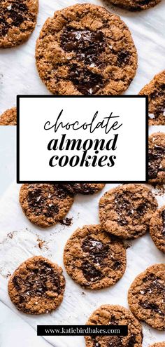 chocolate almond cookies on a baking sheet with the words chocolate almond cookies overlayed