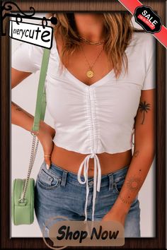 White Drawstring Ruched Short Sleeve Crop Top Crop Top Women, Short Sleeve Crop Top, Short Sleeve Cropped Top, Top Women, Women Tops, Crop Top, Womens Tops, Crop Tops, White