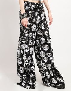 TRIPP NYC - CHAIN TO CHAIN PANT SKULL Punk Bottoms With Skull Print For Halloween, Rock Style Halloween Concert Bottoms, Grunge Halloween Bottoms With Skull Print, Halloween Skull Print Bottoms For Alternative Fashion, Punk Style Bottoms With Skull Print For Alternative Fashion, Edgy Skull Print Bottoms For Alternative Fashion, Edgy Bottoms With Skull Print For Alternative Fashion, Punk Halloween Bottoms With Skull Print, Halloween Grunge Bottoms With Skull Print