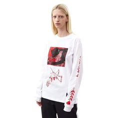 White cotton long sleeve printed SMERT unisex T-shirt with a large front black and red silkscreen print and sleeve print detailing. Collaboration with tattoo artist Nikolai Koshkosh. Item ID: SMETSHIRT Composition: Cotton Hip Hop Long Sleeve Graphic T-shirt, White Long Sleeve Top With Graffiti Print, White Cotton Punk Style Sweatshirt, White Cotton Punk Sweatshirt, Punk Long Sleeve Tops With Graffiti Print, White Punk Cotton Sweatshirt, Long Sleeve Punk Tops With Graffiti Print, Long Sleeve Punk Graphic T-shirt, Long Sleeve Cotton T-shirt With Printing