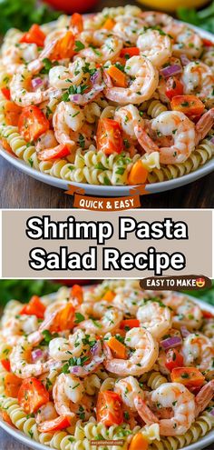 shrimp pasta salad with tomatoes, carrots and parmesan cheese on the side