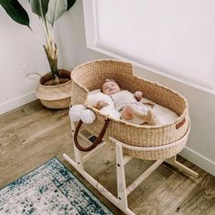 a baby laying in a wicker bassinet next to a potted plant