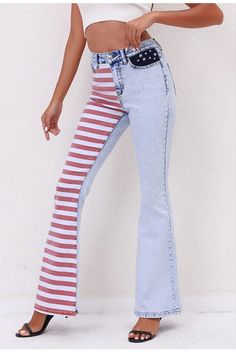 Elevate your style with Rosa Clothing's July 4th Patchwork Striped Flared Jeans. These ladies' jeans combine the boldness of patchwork with the sophistication of stripes for a unique and playful look. Embrace the holiday spirit with these premium jeans that will make you stand out from the crowd. Size Chart(Inch) Waist Hip Length Stretch Waist S 25.98 33.07 40.55 29.13 M 27.56 34.65 40.94 30.71 L 29.13 36.22 40.94 32.28 XL 30.71 37.80 41.34 33.86 Negative Vibes, Clear Strap Heels, Sleeveless Dresses Casual, Classic American Style, Denim Day, Striped Jeans, Medium Wash Jeans, Red Stripe, Flared Jeans