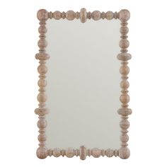 a mirror that is made out of wood and has beads on the edge of it