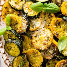 grilled zucchini and squash with herbs on a plate