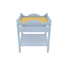 a baby's changing table with an open drawer on the top and bottom shelf