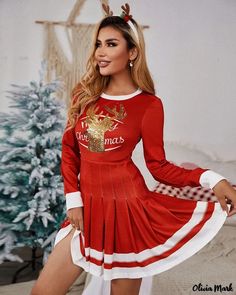 Olivia Mark - Christmas Reindeer Letter Print Long Sleeve Pleated Dress Christmas Long Sleeve Holiday Dress, Christmas Holiday Long Sleeve Dress, Long Sleeve Christmas Holiday Dress, Long Sleeve Holiday Dress For Christmas Party, Festive Long Sleeve Christmas Holiday Dress, Festive Long Sleeve Holiday Dress For Christmas, Christmas Package, Backless One Piece Swimsuit, Trendy Christmas Outfits