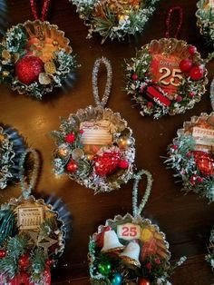 several pictures of christmas ornaments hanging on a wall