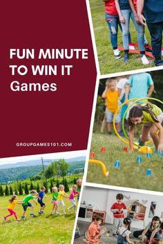 four pictures with the words fun minute to win it games in front of them and photos of children playing outside