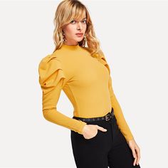 Gender: Women Item Type: Tops Tops Type: Tees Material: Polyester Material: Spandex Style: Office Lady Fabric Type: Broadcloth Sleeve Length(cm): Full Decoration: Button Clothing Length: REGULAR Pattern Type: Solid Collar: Stand Sleeve Style: REGULAR Model Number: tee180814701 UID: 180913237 Color: Ginger Material: 95% Polyester, 5% Spandex Neckline: Stand Collar Sleeve Length: Long Sleeve Pattern Type: Plain Decoration: Button, Cut Out Style: Elegant Fabric: Fabric has some stretch Season: Spri Puff Sleeves Top, Leg Of Mutton Sleeve, Winter Outfits For Girls, Stylish Women Fashion, Summer Work Outfits, Shirt Female, Casual Work Outfit, Autumn Clothes, Ladies T Shirt