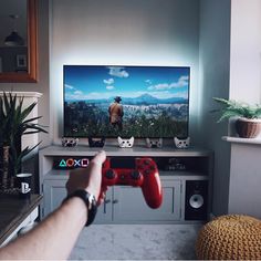 a person holding a red controller in front of a flat screen tv on a wall