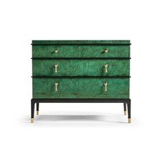 a green chest of drawers with brass handles and knobs on the front, against a white background