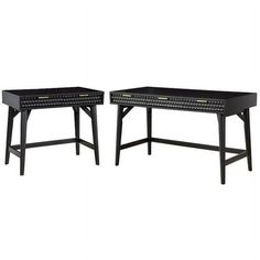 two black tables with drawers on each side