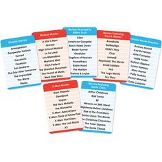 four cards with the names and abbreviations of different countries on them, all in blue