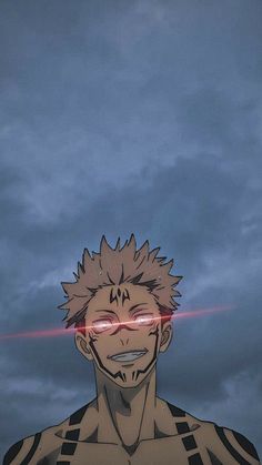 an anime character with red glasses staring at the camera in front of a cloudy sky