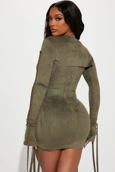 Available In Tan And Black. Suede Mini Dress Set Long Sleeve Bolero High Neck Cut Out Detail Mini Dress Sleeveless Scoopneck Lace Up Detail Stretch Hidden Back Zipper Self: 90% Polyester 10% Spandex Imported | Yovanna Mini Dress Set in Olive Green size Medium by Fashion Nova Suede Mini Dress, Sleeve Bolero, Olive Fashion, Service Women, Fashion Nova Dress, Active Wear Outfits, Dress Set, Matching Dresses, Dress Sleeveless