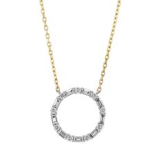 Frederic Sage Round & Baguette Diamond Circle Pentant in White & Yellow Gold, 18" | Borsheims Yellow Gold Baguette Cut Fine Jewelry Necklaces, Yellow Gold Baguette Cut Fine Necklaces, Fine Jewelry Yellow Gold Necklace With Baguette Diamonds, Yellow Gold Diamond Necklace With Baguette Cut Accents, 14k White Gold Necklace With Baguette Cut, 14k Gold Baguette Cut Diamond White Necklace, Yellow Gold Necklace With Baguette Cut Diamond, Anniversary Yellow Gold Diamond Necklace With Baguette Diamonds, Classic Yellow Gold Diamond Necklace With Baguette Diamonds