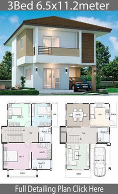 two story house plan with 3 beds and 2 bathrooms