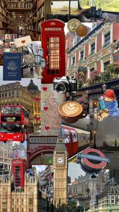 a collage of photos with red telephone booths, buildings and other things in the background