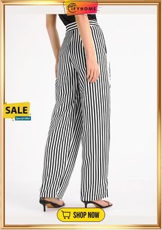 Simple Regular Fit Striped Pants Trendy Striped Straight Pants, Chic Striped Pants With Elastic Waistband, Chic Striped Bottoms With Elastic Waistband, Striped Long Pants For Spring, Trendy Striped Pants For Work, Chic Striped Straight Pants, Trendy Striped Long Pants, Spring Striped Straight Pants, Striped Stretch Straight Leg Pants