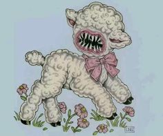 a drawing of a white sheep with its mouth open and tongue out in the grass