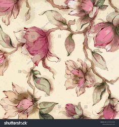 pink flowers on white background with green leaves and stems in watercolor style, for wallpaper or fabric