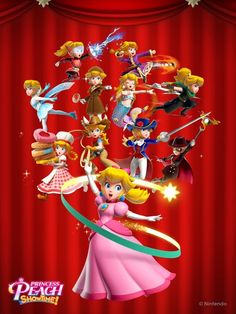 the characters from mario and princess peach in front of a red curtain with stars on it